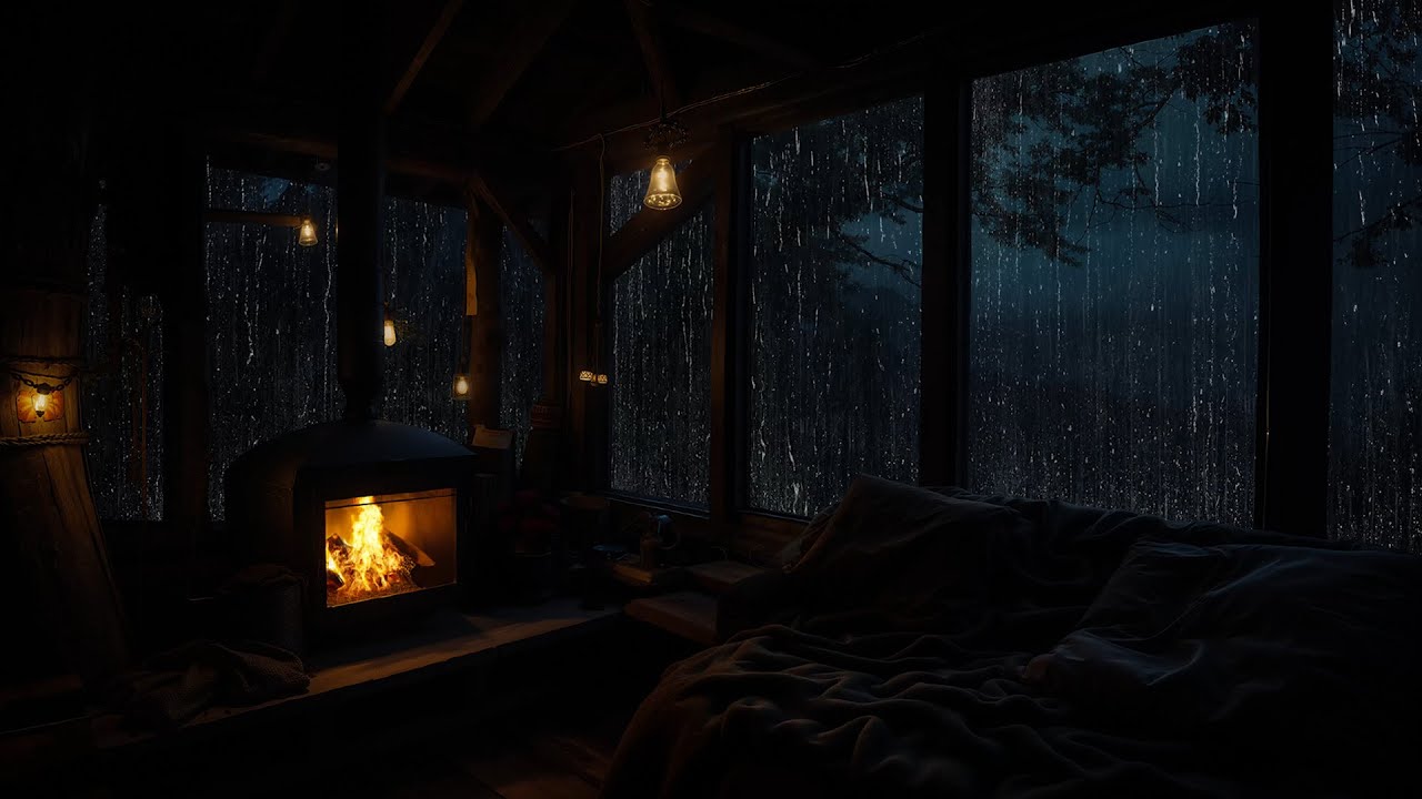 Cabin in the Rainforest with Fireplace | Relaxing Rainy Night Ambience for Sleep