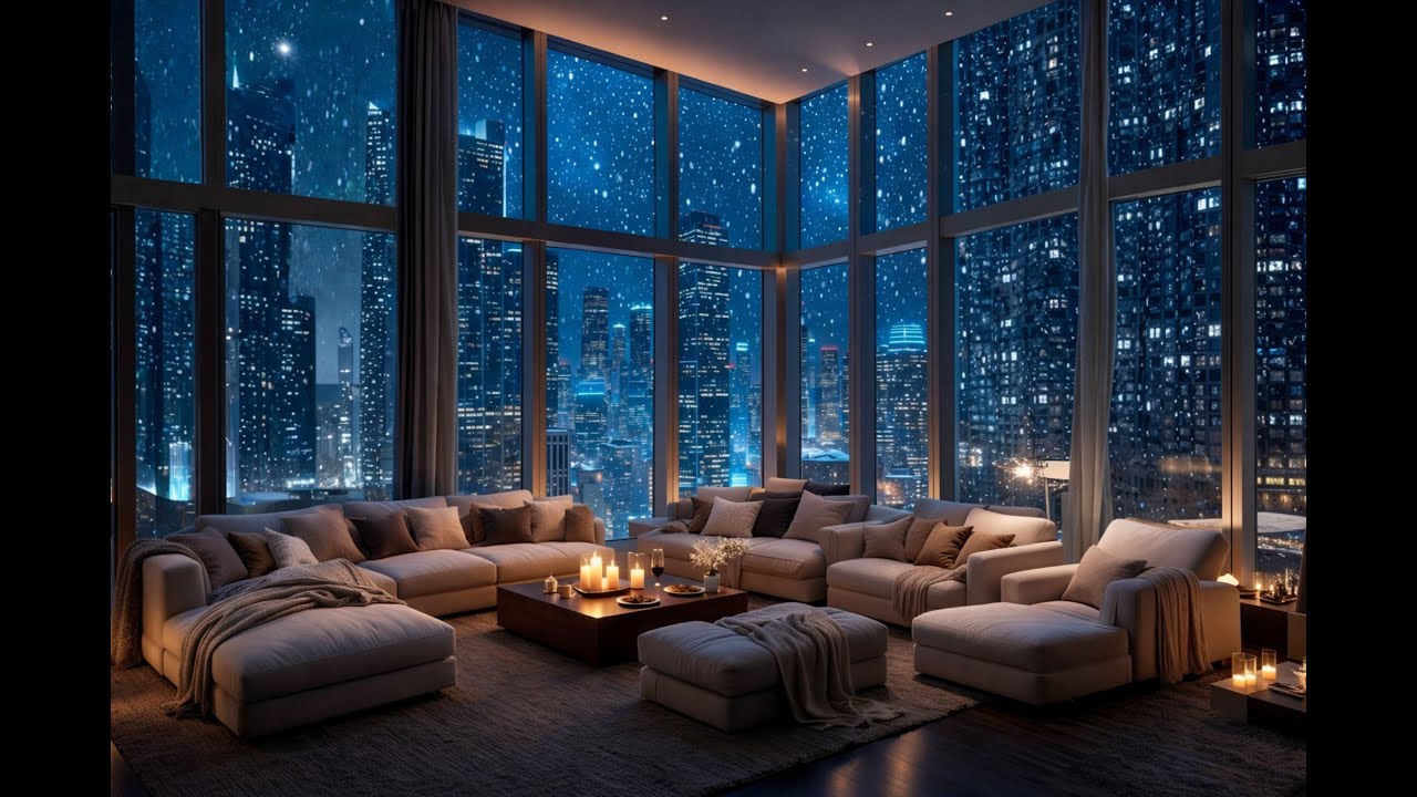 Winter Sunset Ambience ❄️ Warm Fireplace & Snowing City View for Study