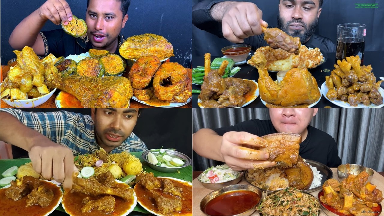 HUGE MUTTON CURRY EATING CHALLENGE, FISH CURRY,MUTTON FAT CURRY,CHICKEN CURRY,PORK BELLY,EATING SHOW