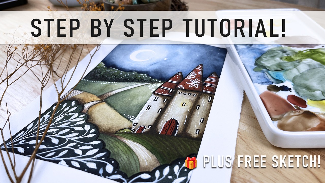 🎨 How to Paint a Stylized Landscape in Watercolor with Folk Art Details 🌿 – Step-by-Step Tutorial 🖌️