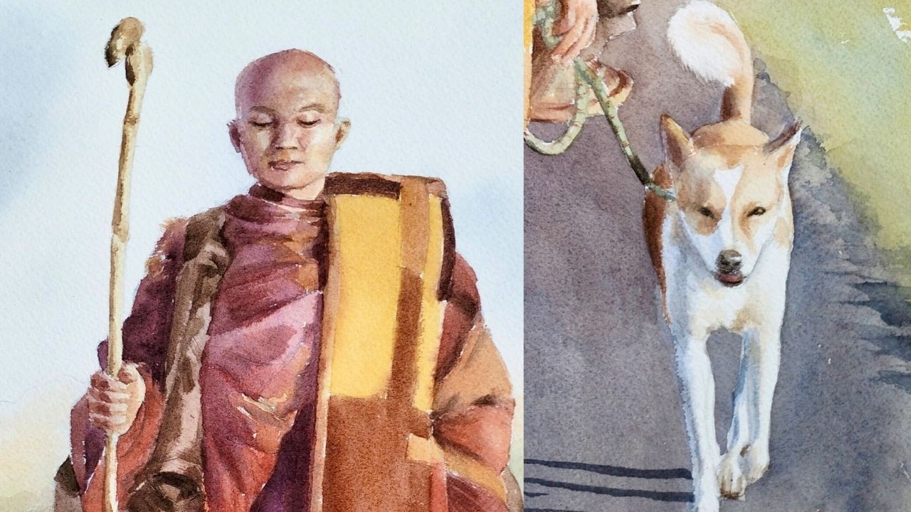 Watercolor portrait painting demo - A monk and Aloka dog - Walk for peace