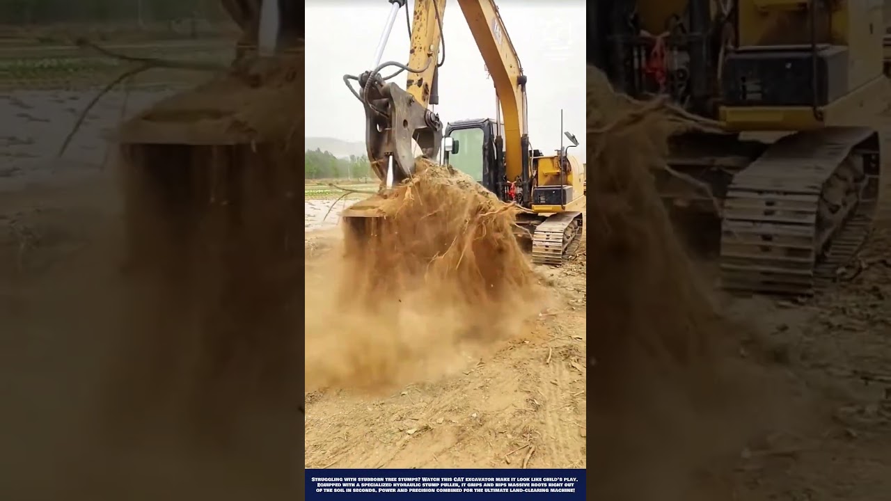Excavator Stump Puller and Specialized Bucket to Rip Roots from the Ground