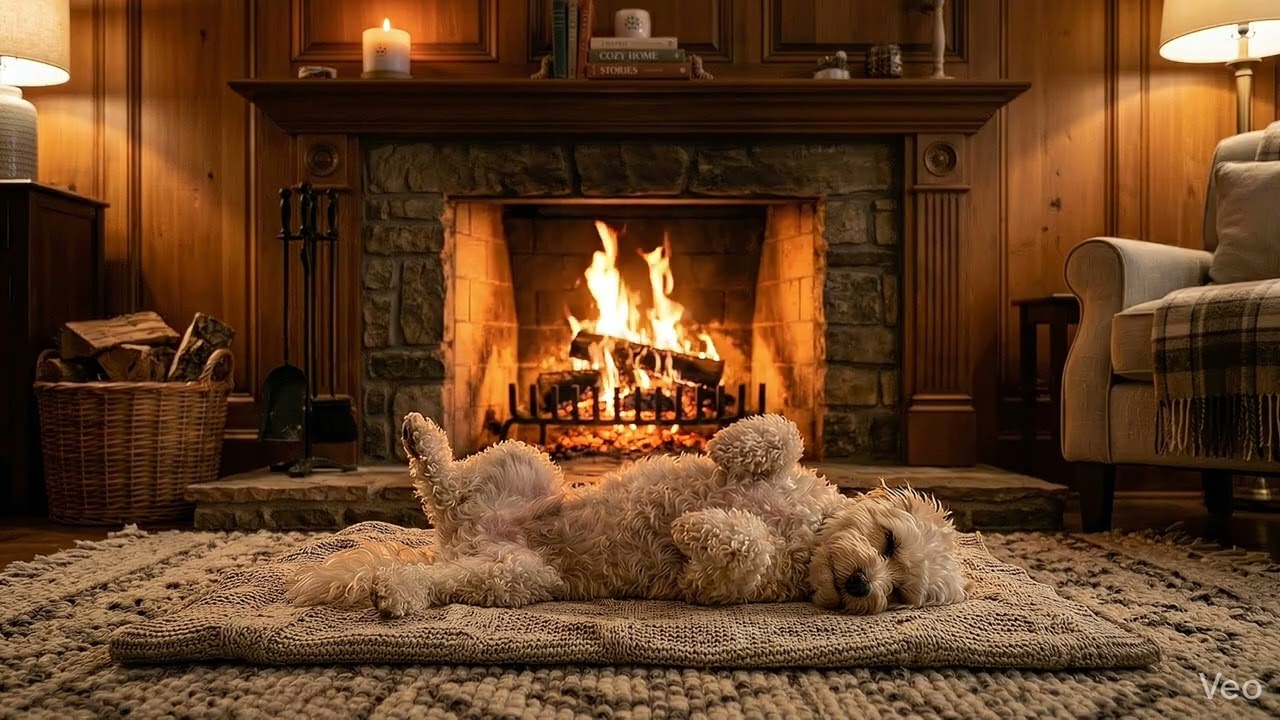 Fireplace with Sleeping Dog 4 Hours | Cozy Ambience for Sleep & Relax