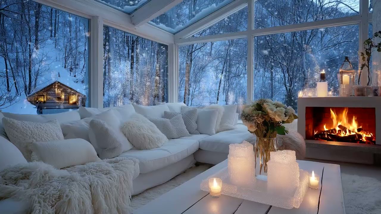 🕯️🎹 Romantic Snowfall Piano Music | Cozy White Lounge & Fireplace | 10 Hours Study Relax Focus Mood
