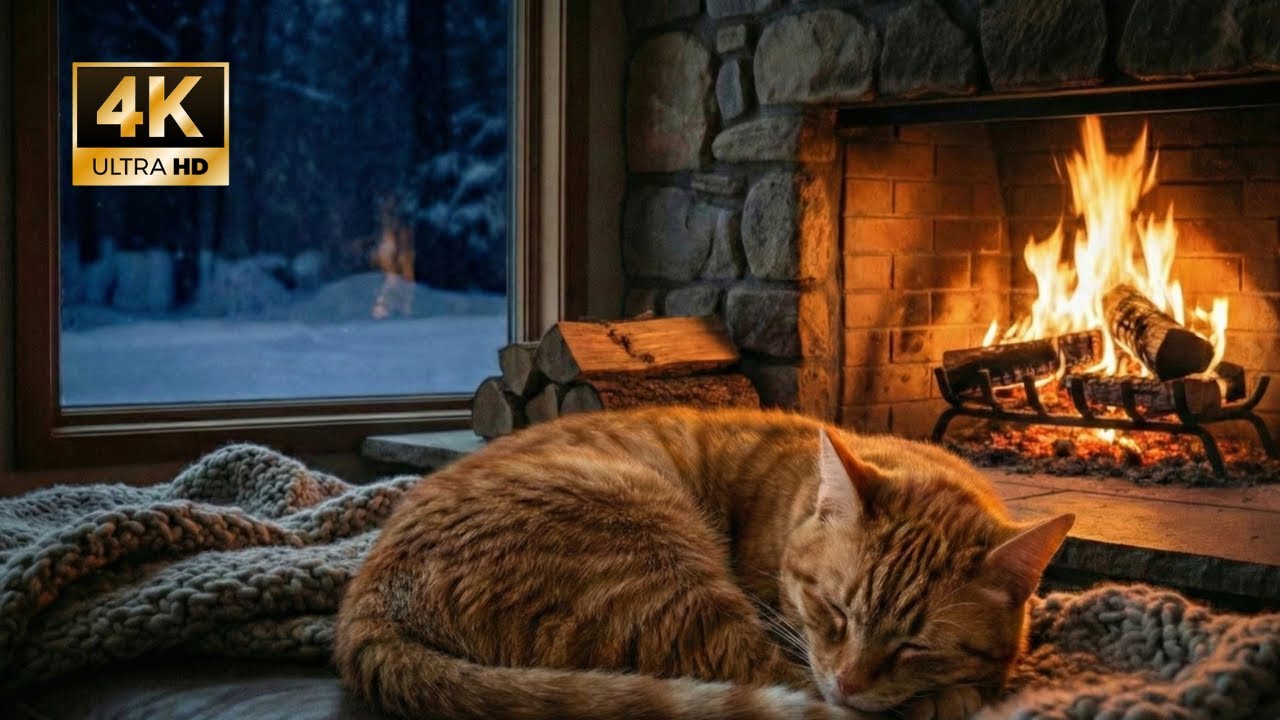 Cozy Fireplace & Sleeping Cat 🐾🔥 | Warm Winter Night Ambience for Deep Sleep (4K)