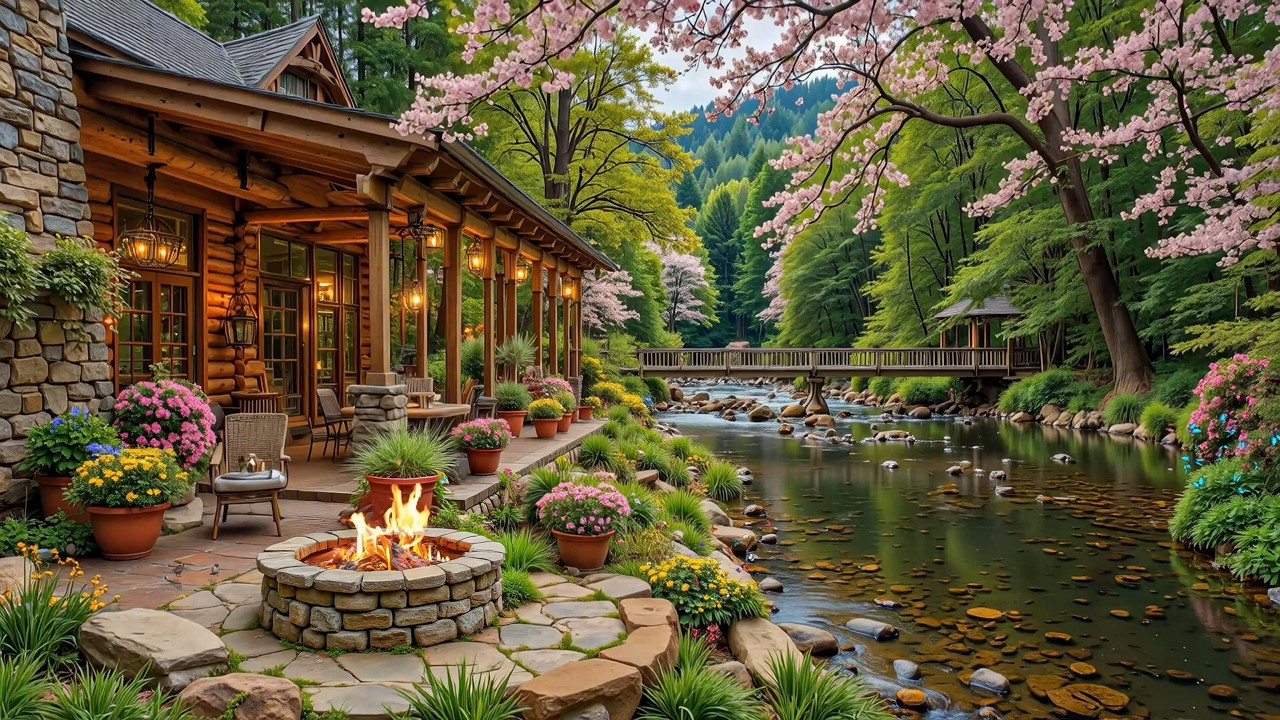 Blissful Spring Forest Riverside Cabin Porch 🔥🌲 Cozy Fire Pit, Flowing Water Ambience & Birdsong