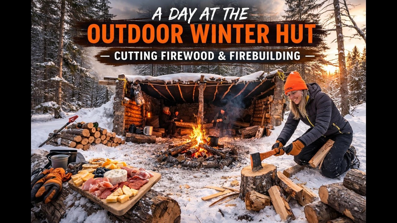 A Day at the OUTDOOR WINTER HUT /Cutting Firewood