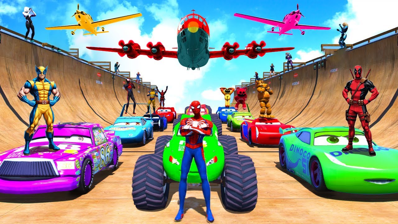 GTA V SPIDER MAN 2, FIVE NIGHTS AT FREDDY'S, POPPY PLAYTIME CHAPTER 3 Join in Epic New Stunt Racing