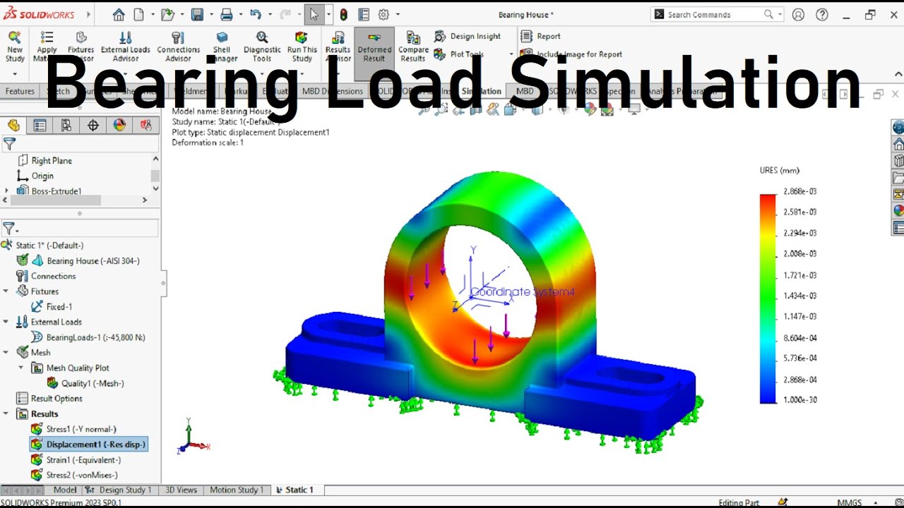 SOLIDWORKS Bearing Load Simulation | Static analysis of Bearing Housing