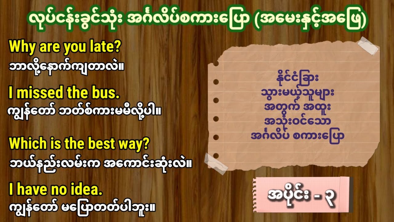 အပြောများသော နေ့စဉ်သုံး အင်္ဂလိပ်စကားပြော။ (Part-3) Common use daily English speaking lesson.