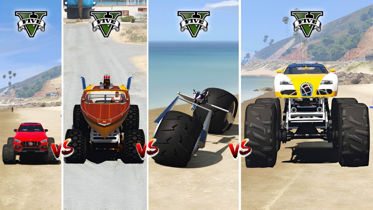 GTA 5 MONSTER BIKE vs MONSTER BOAT vs MONSTER CAR vs SQUARE WHEEL MONSTER TRUCK