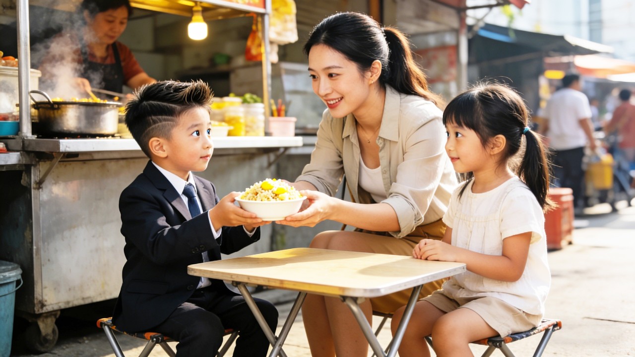 小男孩路邊攤吃炒飯，看見和自己一模一樣的妹妹，當場喊老板娘：媽咪！ JDDJ