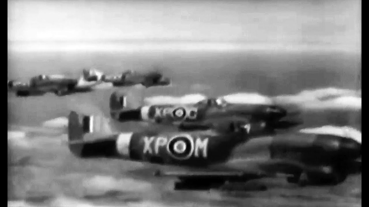 RAF Typhoon Fighter-Bombers use rockets to support the British 2nd Army advancing in western Europe