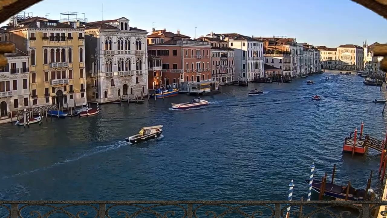 Venice Canal boats sunny day window view Italian music background