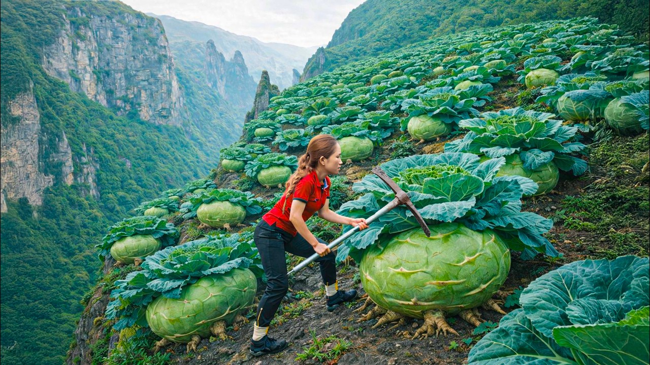 Harvesting Giant Cliffside Cabbages Bigger Than Humans to sell | Extreme Mountain Farming