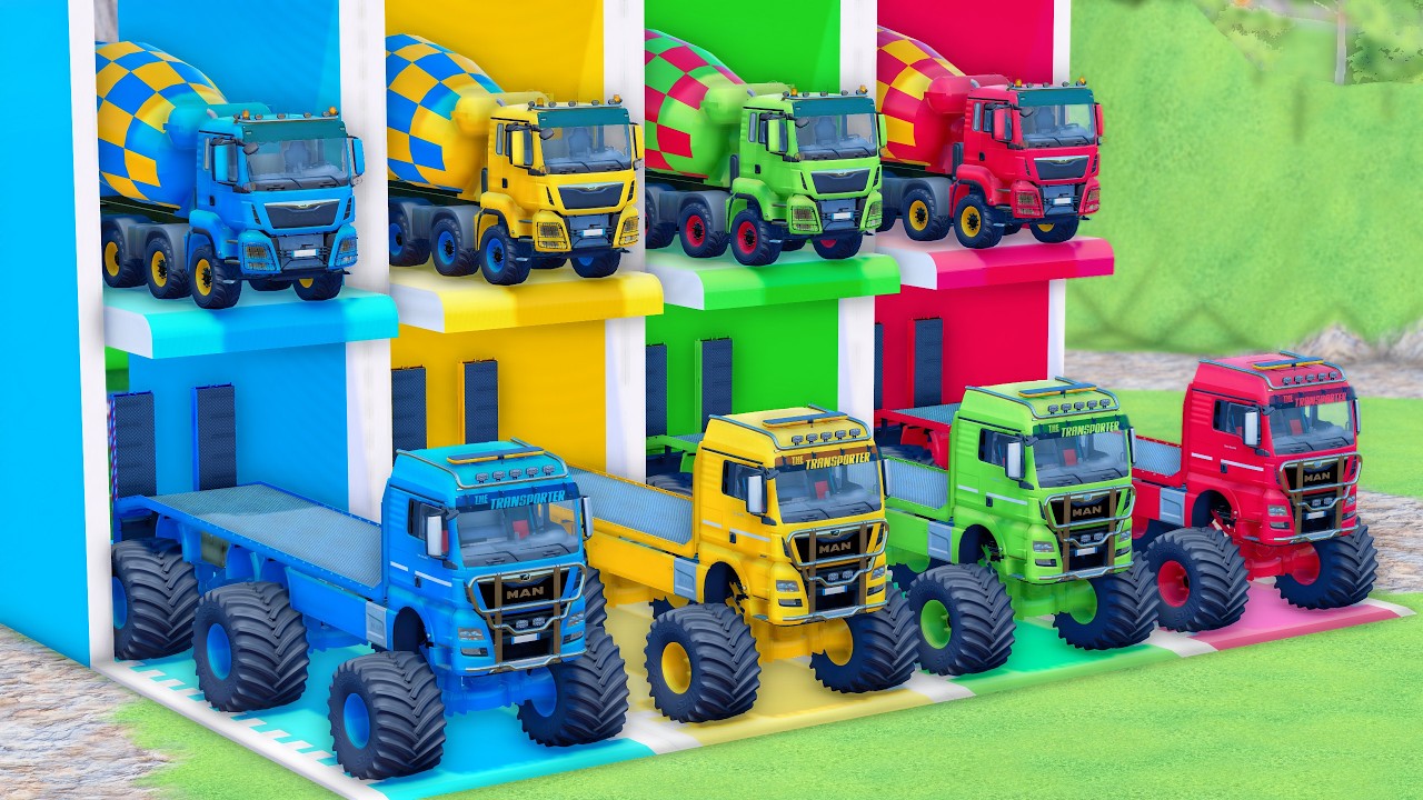 MONSTER FLATBED TRUCK LONG CONVOY TRANSPORT OF COLORS! ALL  MIXER TRUCKS, VOLKSWAGEN, MAN - FS25