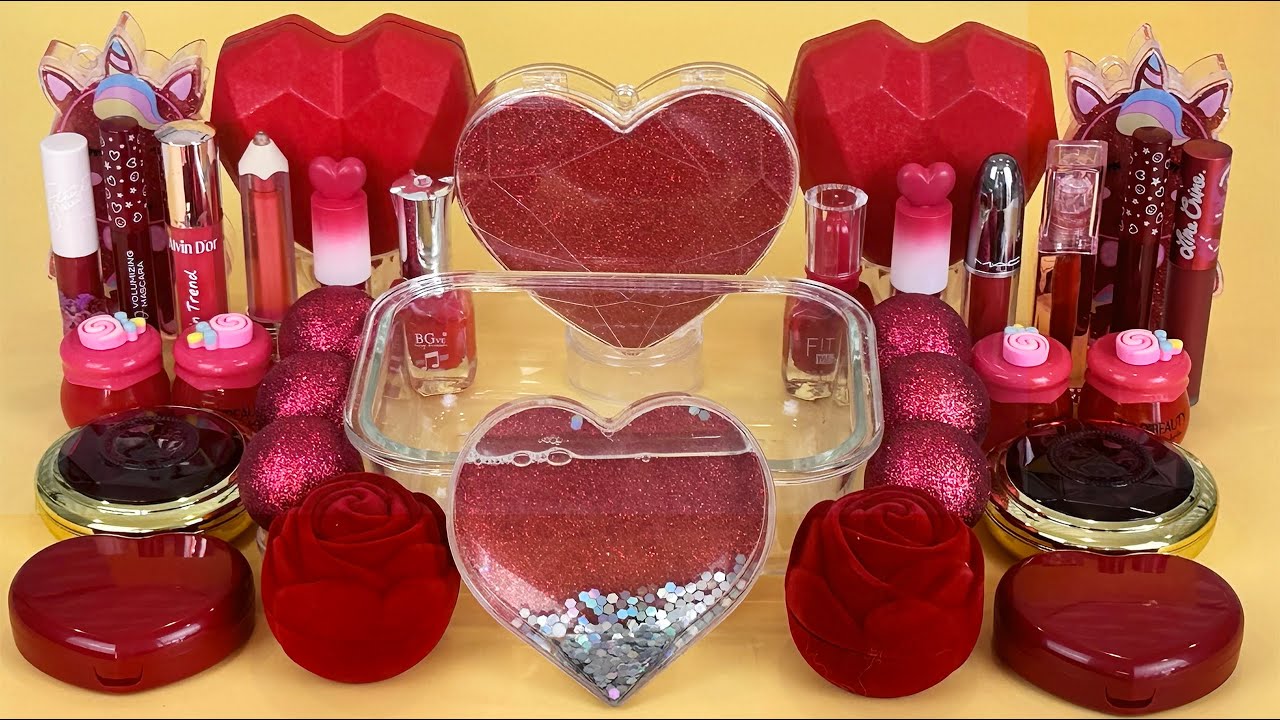 RED SLIME. Mixing makeup and glitter into Clear Slime. Satisfying Slime Videos 2160p.