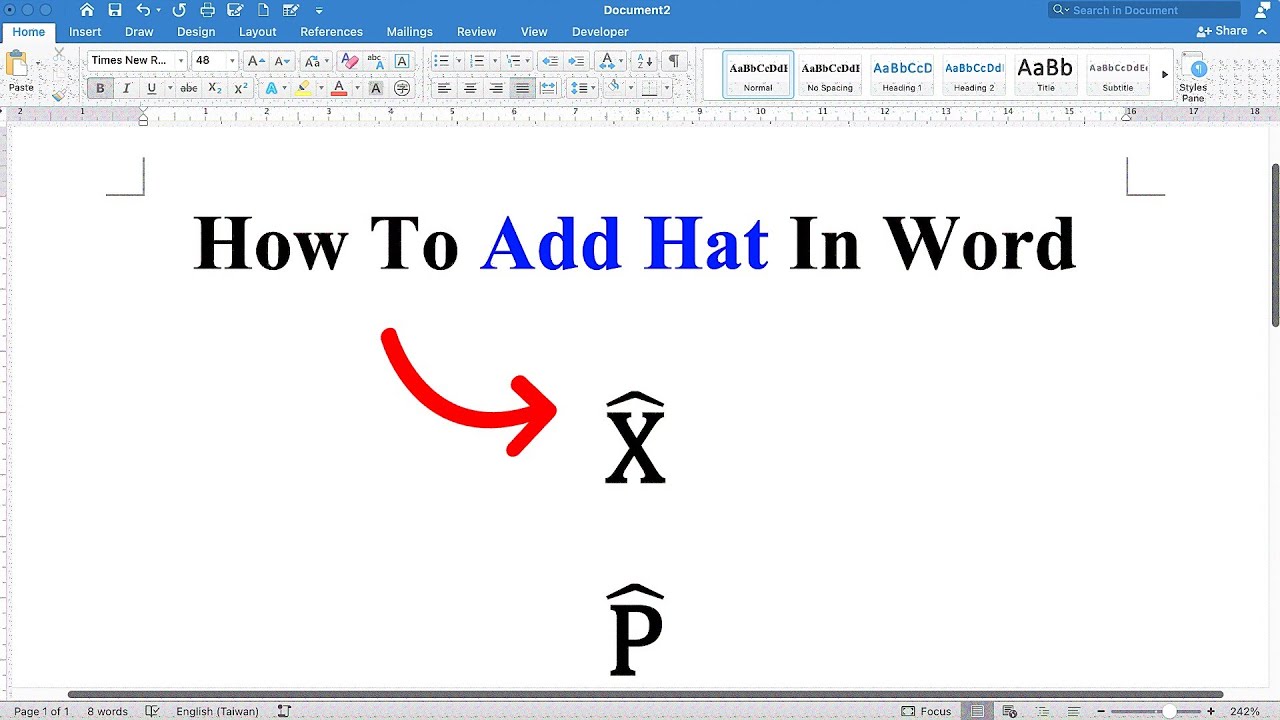How to add Hat in Word - [ type p, q, y, x, r, theta, beta hat ]