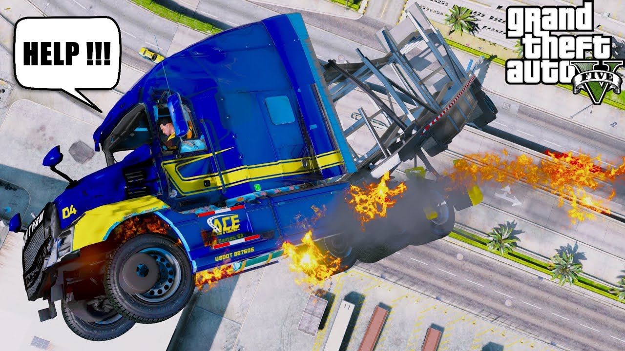 GTA 5 EXTREME Semi Truck CRASH & EXPLOSION 1000 Feet In The Air !!!