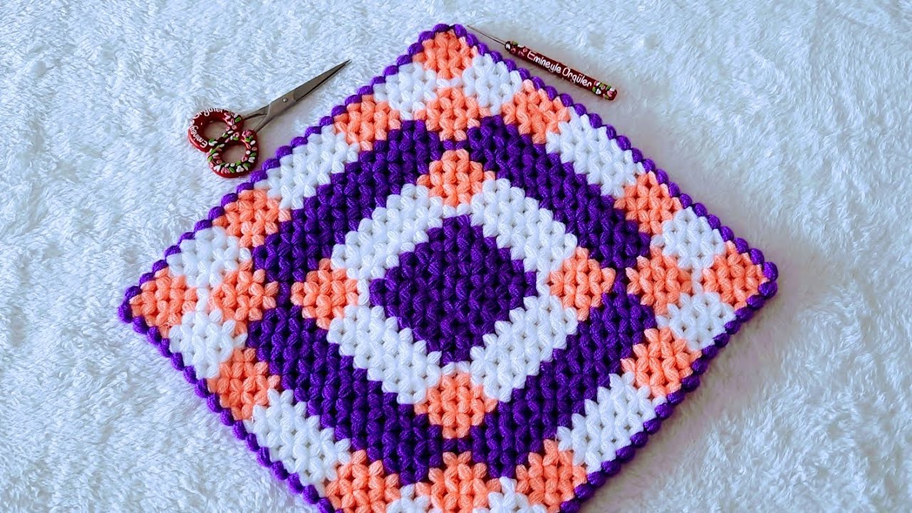 Efsane Renk Uyumu! Mor Somon Beyaz Desenli Kare Lif Yapımı#lifmodelleri #handmade #crochet 
