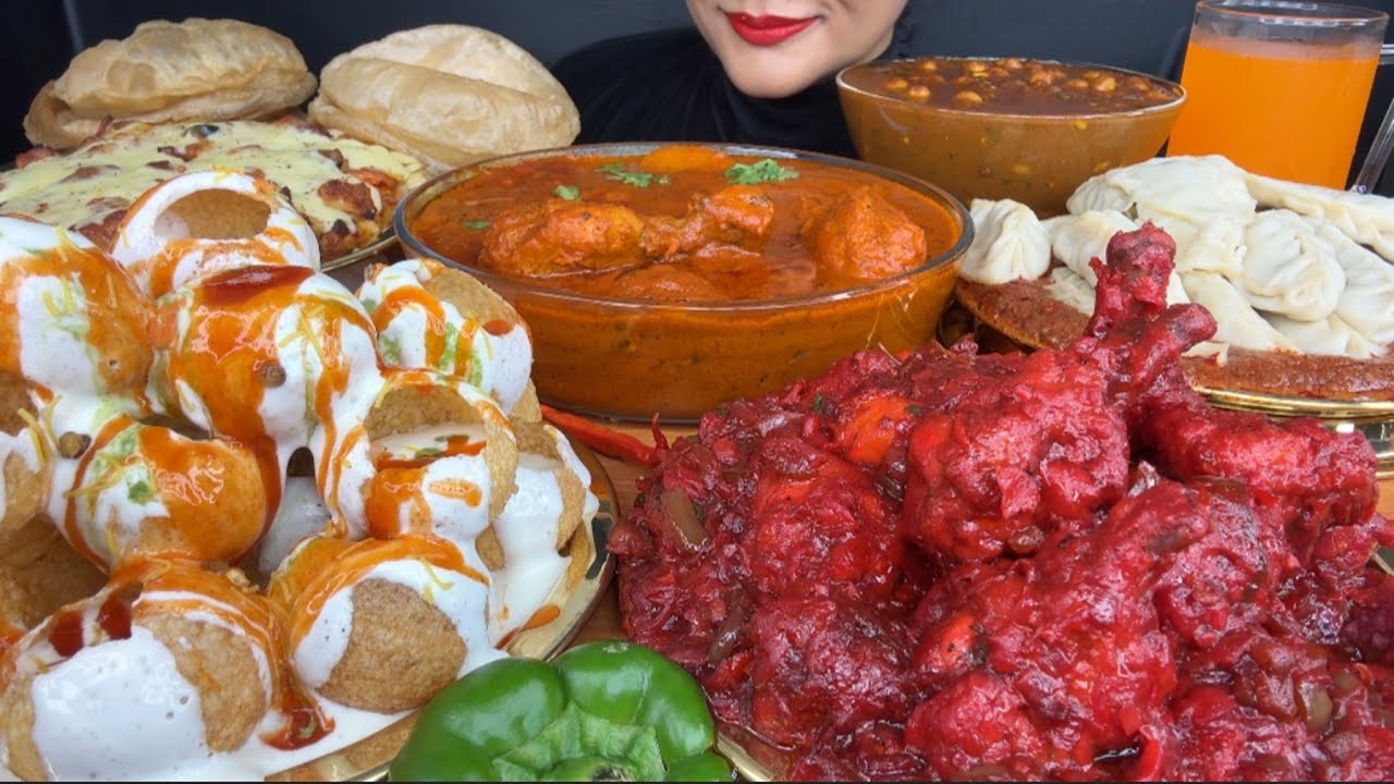 ASMR EATING BUTTER CHICKEN,DAHIPURI,CHOLE BATURE,CHICKEN LOLLIPOP,MOMO WITH CHUTNEY STREET FOOD