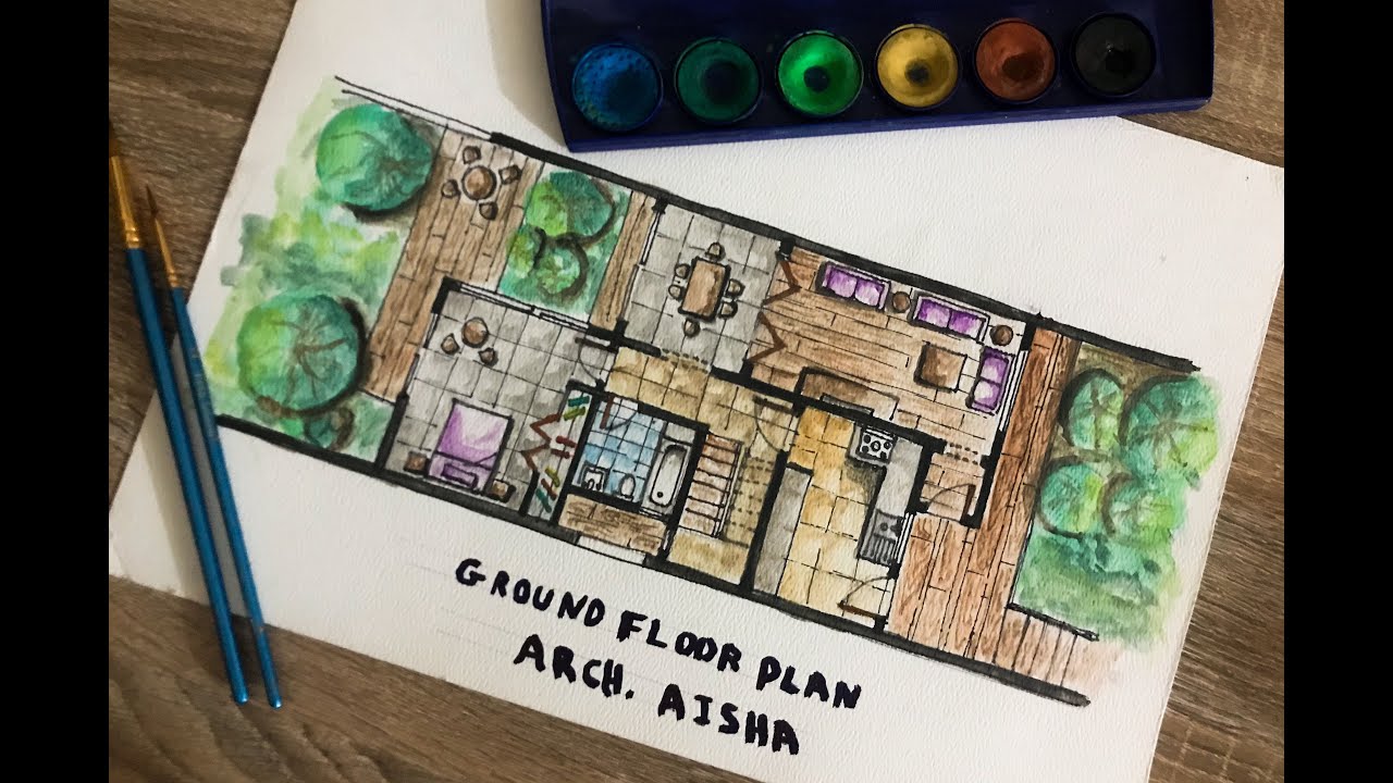 اظهار مخطط معماري بالالوان المائية | Architectural Plan | Watercolor Presentation