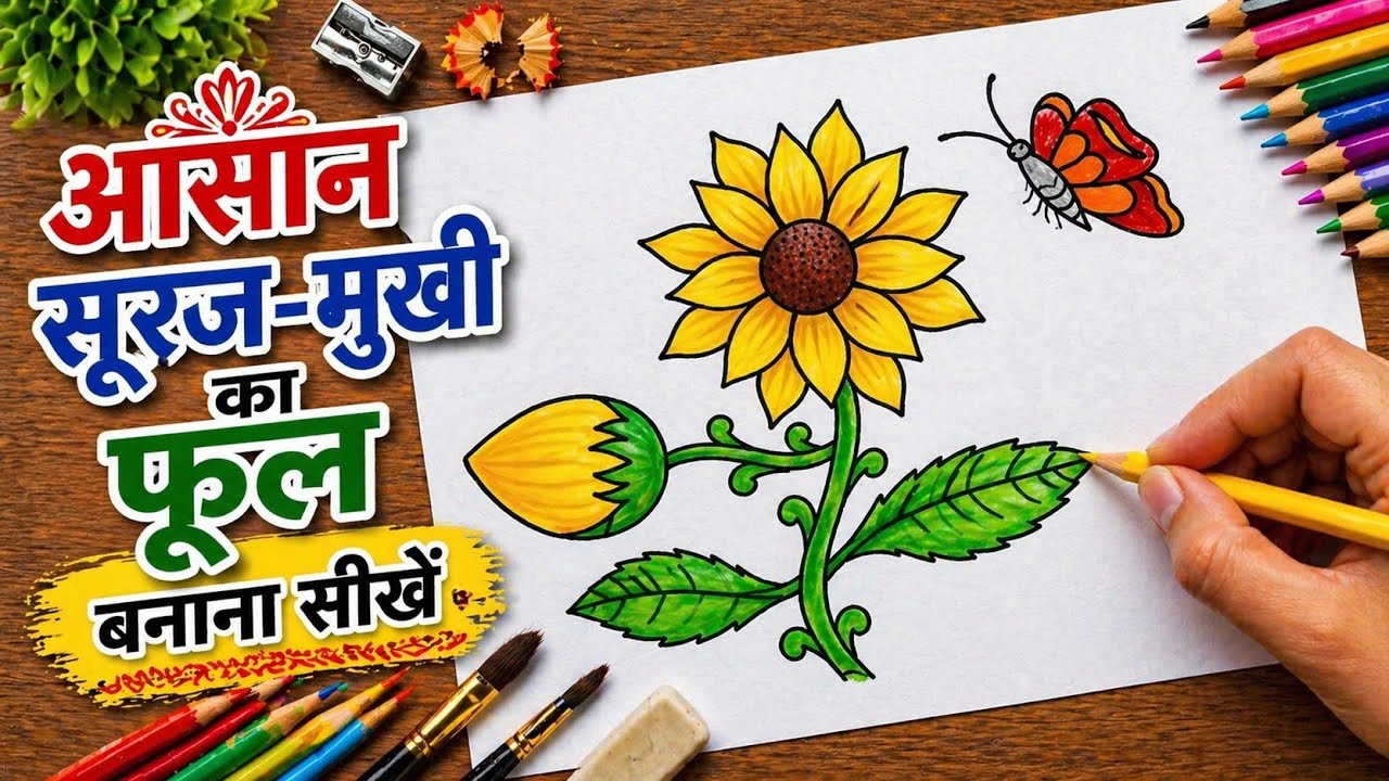 Sunflower Drawing 🌻 with Butterfly 🦋 | Easy Flower Drawing for Kids | Rangon Ki Bagiya