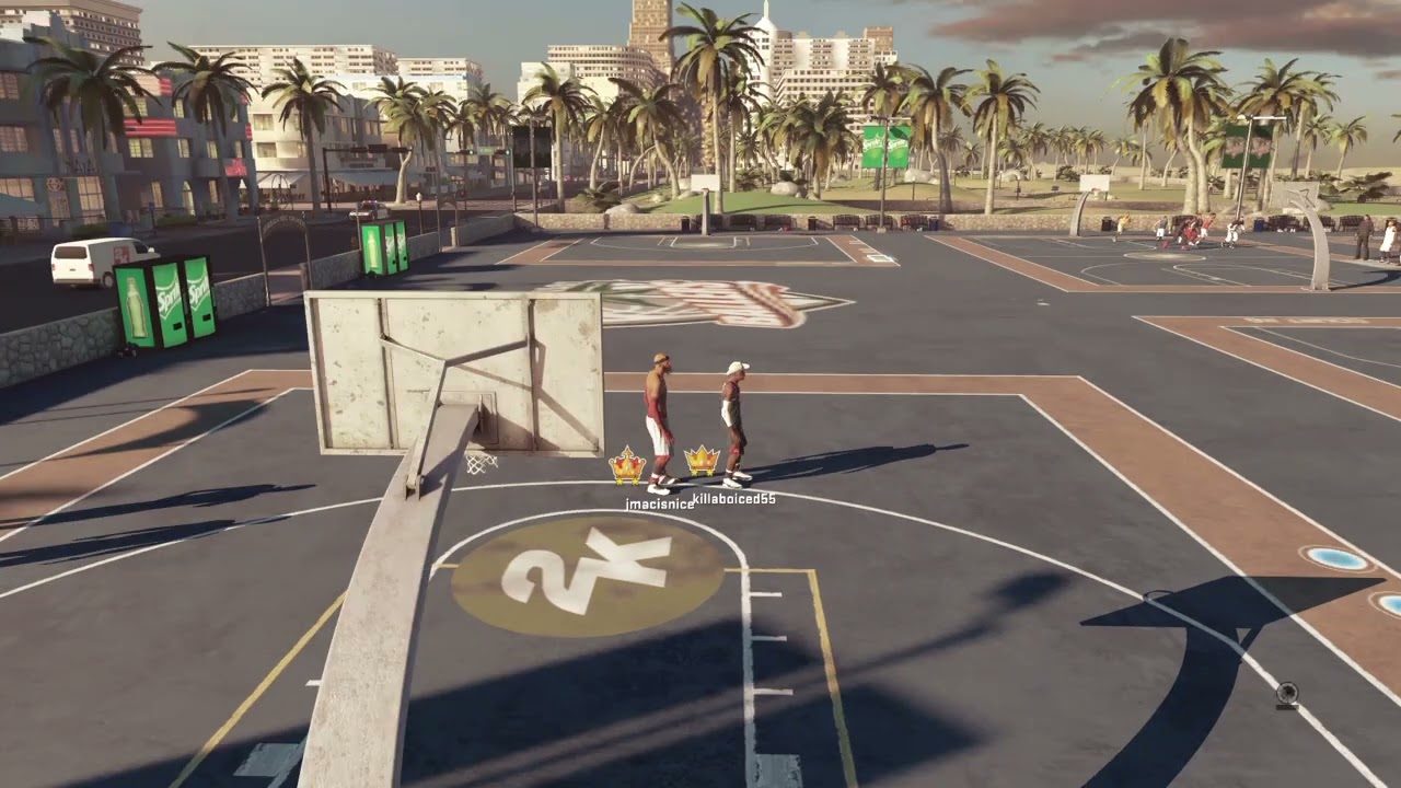 NBA 2K25 2s gameplay at sunset beach.
