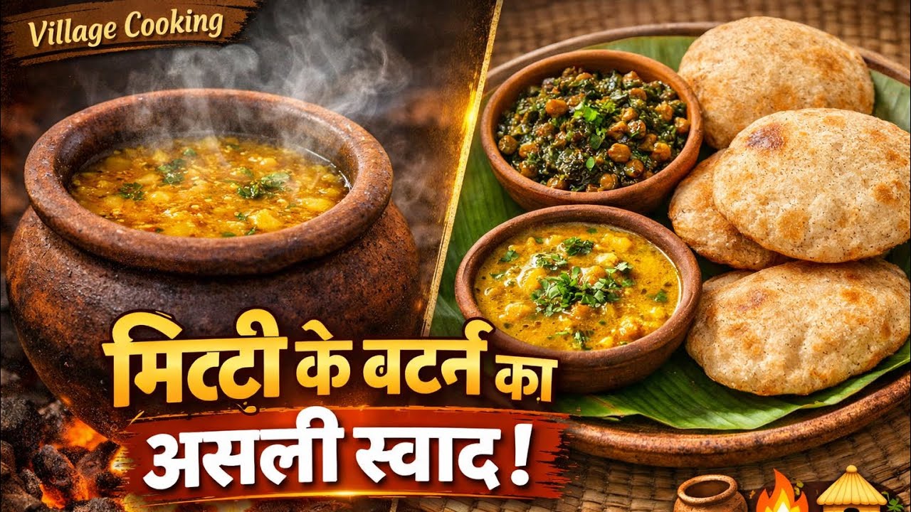 “Desi Mitti Ka Bartan Cooking 🍲 Chane Ki Bhaji +Jowar Puri + Dal | Pure Village Taste!”