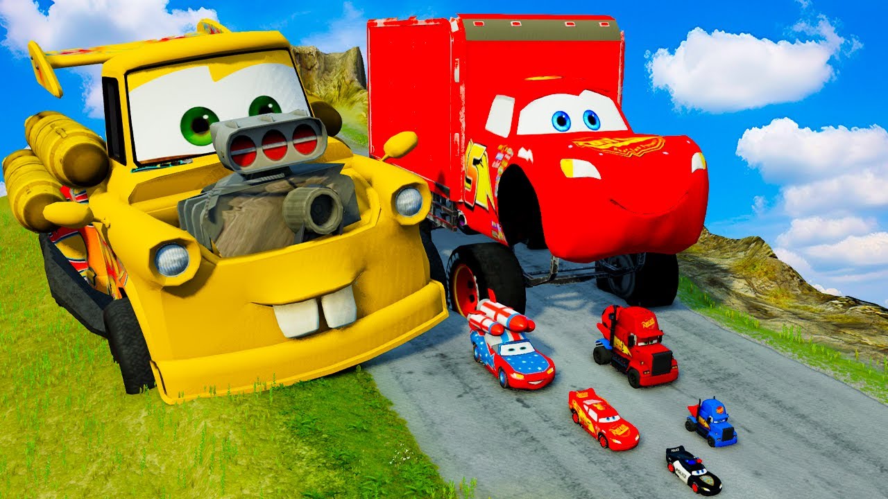 Big & Small Lightning McQueen Monster Wheels vs Pixar Cars with Big Wheels in BeamNG Drive!