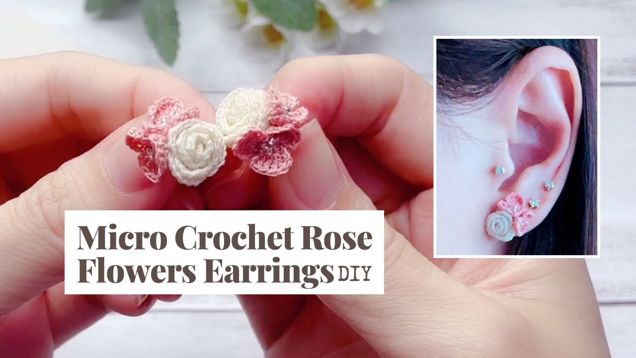 Micro Crochet Rose Flowers Earrings / How to crochet rose