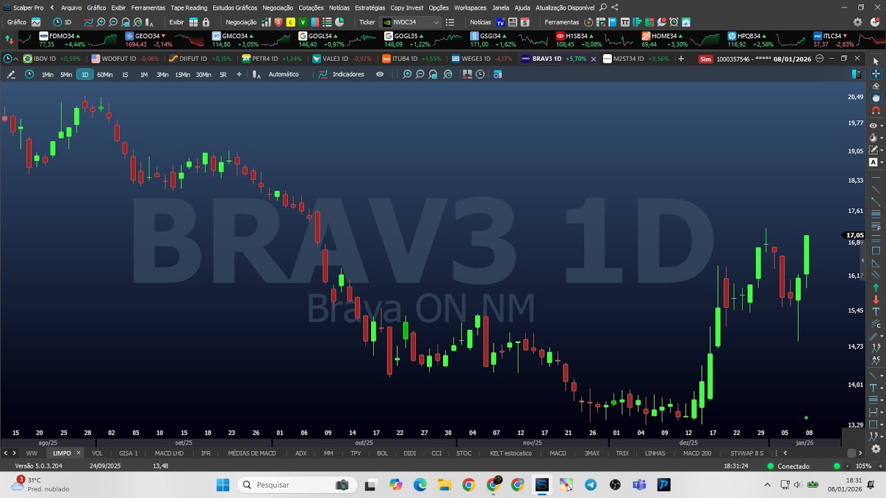Fechamento de Mercado 08-01-26 BRAV3 COGN3 WEGE3 BBAS3 PETR4 VALE3 BPAC11 ITUB4 BBDC4 IRBR3 WIN WDO