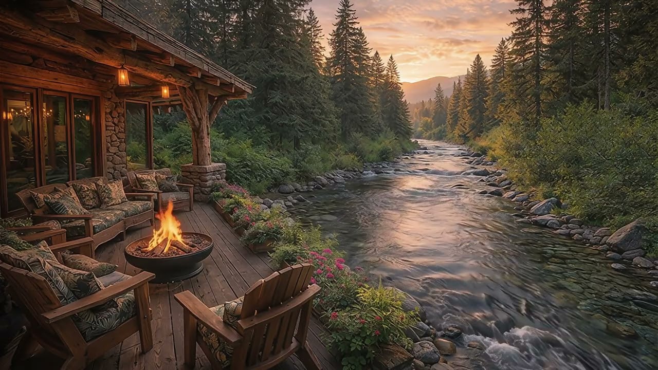 منظر نهر هادئ قرب شرفة منزل مع مدفأة مريحة | خلفية تلفزيونية للاسترخاء 2 ساعات
