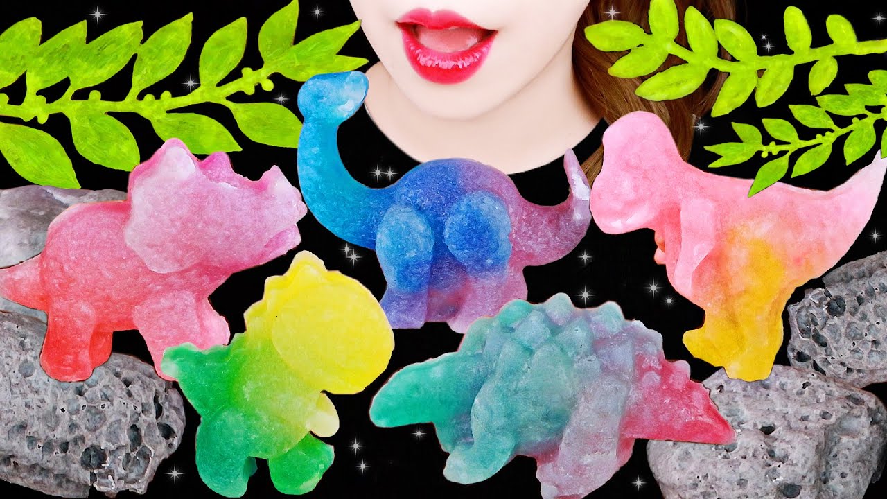 ASMR DINOSAUR JEWELRY CANDY JELLY, STONE, CRISPY LEAVES 공룡 보석젤리, 먹는 돌 먹방 EATING SOUNDS MUKBANG 琥珀糖