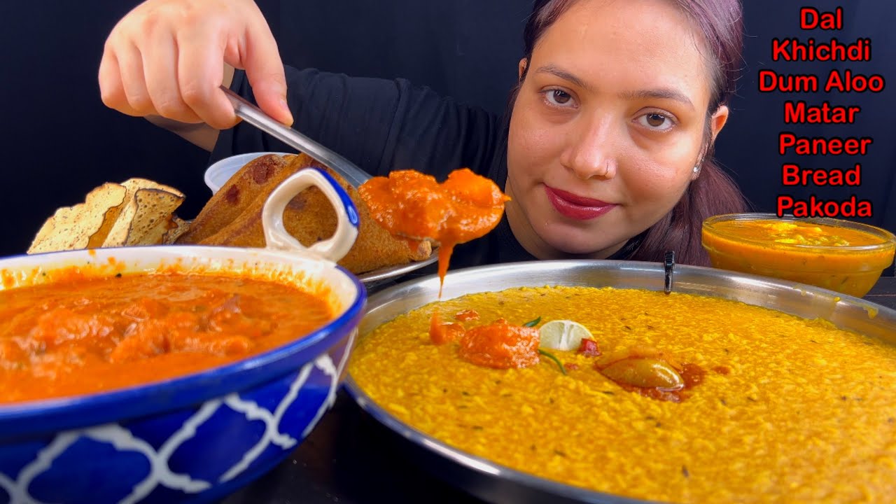 Eating Spicy🔥 Dal Khichdi, Dum Aloo, Matar Paneer, Bread Pakoda | Indian Food Mukbang | Eating Show