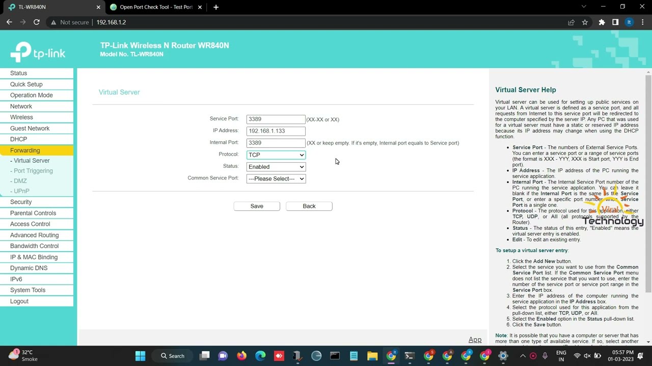 How to setup remote desktop port forwarding on the TP-Link WR840N - explanation provided