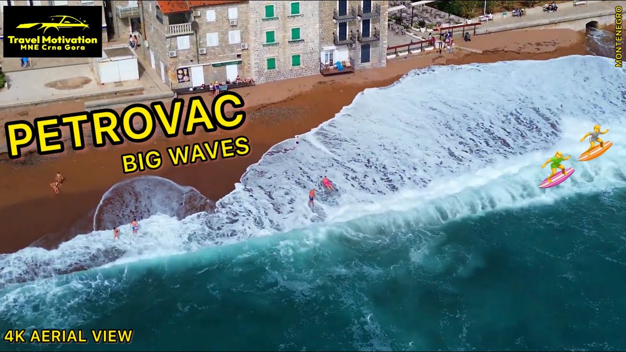 PETROVAC plaža i Veliki Talasi Snimak Dronom Mart 2024 - PETROVAC Beach [4K Drone Video] Crna Gora