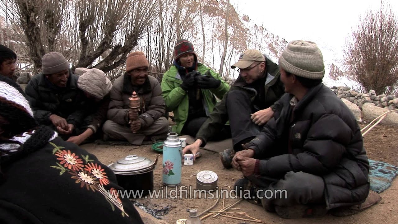 A Ladakhi family serves butter tea to tourists - Kashmir, India