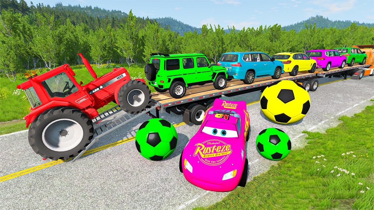 Flatbed Trailer McQueen Transportation with Truck - Speedbumps vs Cars vs Train - BeamNG.Drive