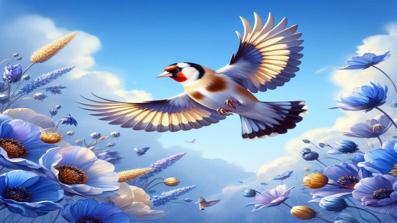 The wild goldfinch is singing wonderfully  to hear the chicks