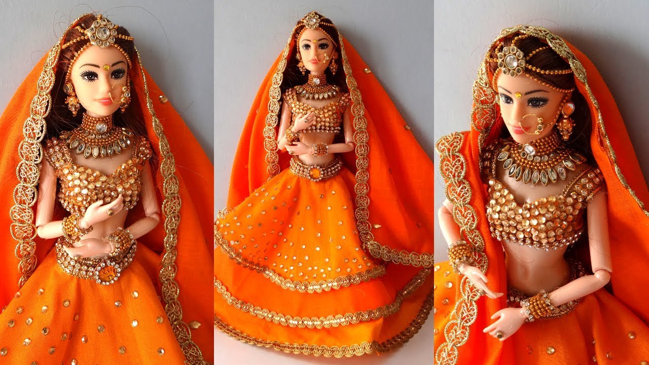 Barbie doll LEHENGA CHOLI | How to decorate a doll with indian bridal dress/jewellery | Doll Lehenga