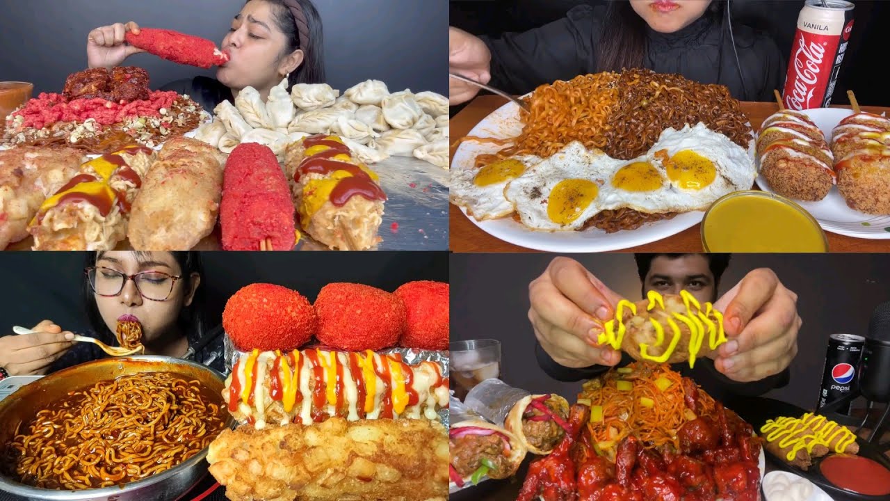 ASMR EATING CHEESY HOT CORN DOG BLACK BEAN NOODLES CHEESE BALLS CHICKEN LOLLIPOP EATING VIDEOS 