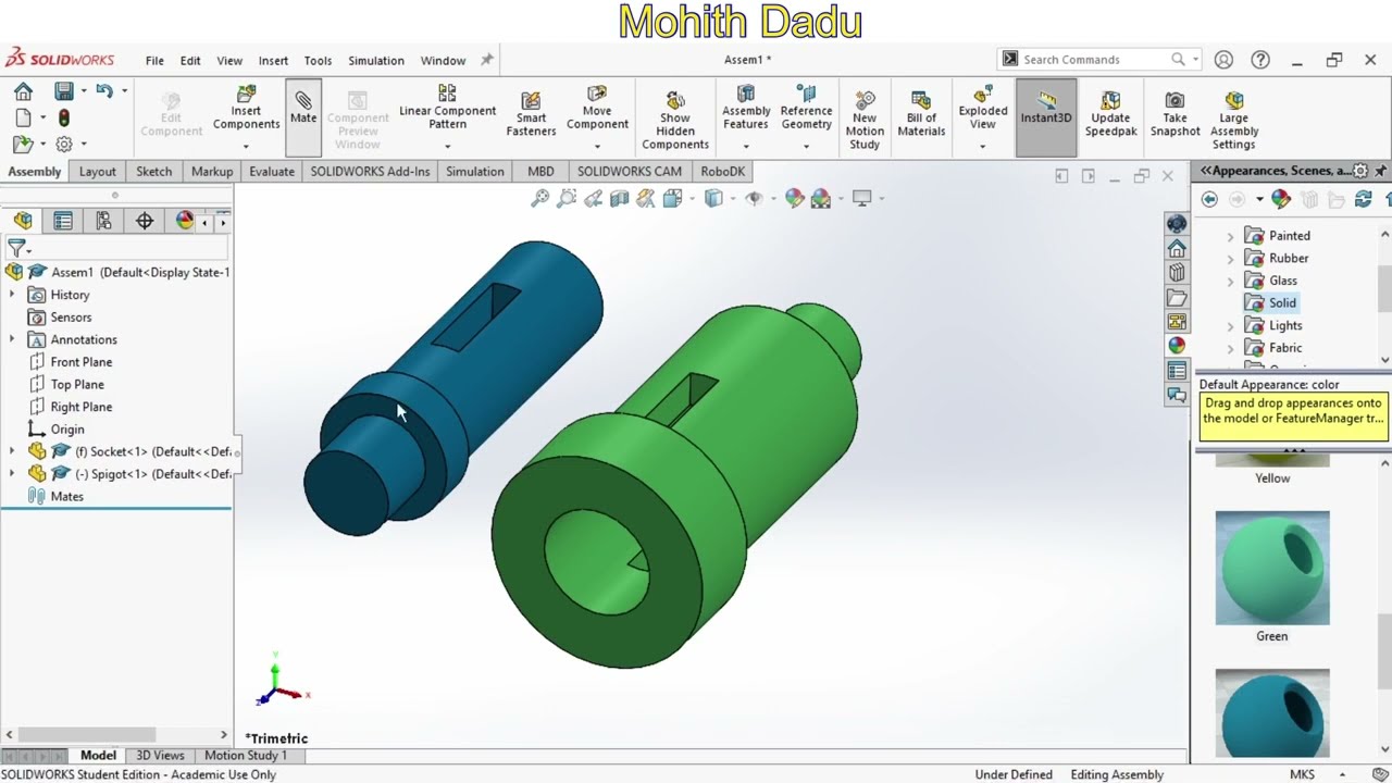 Socket and Spigot Cotter Joint- Part modelling and Assembly in SOLIDWORKS