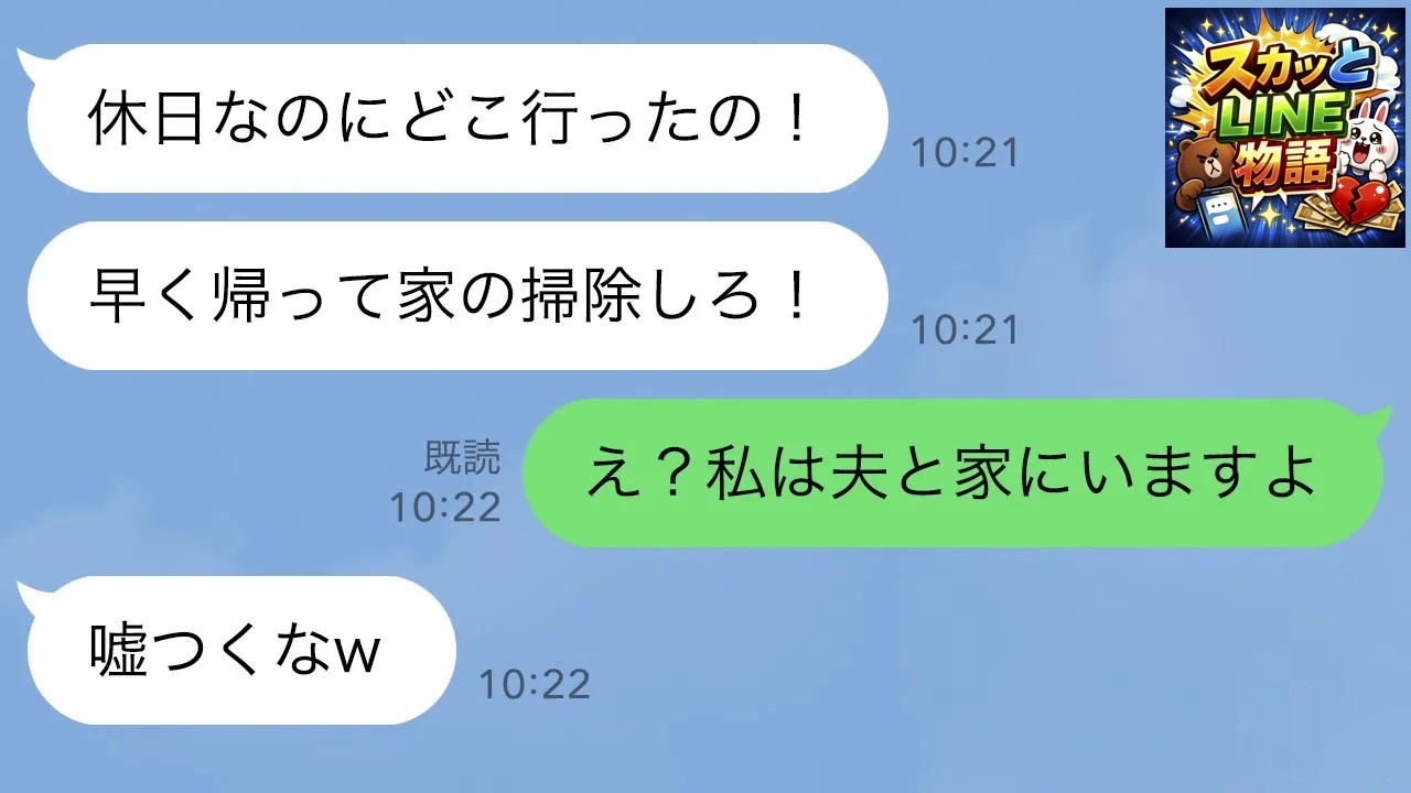 【LINE】義母から突然ブチギレ連絡。義母「休日なのにどこ行ったの！早く帰って家の掃除しろ！」→私「え？私は夫と家に居ますよ？」