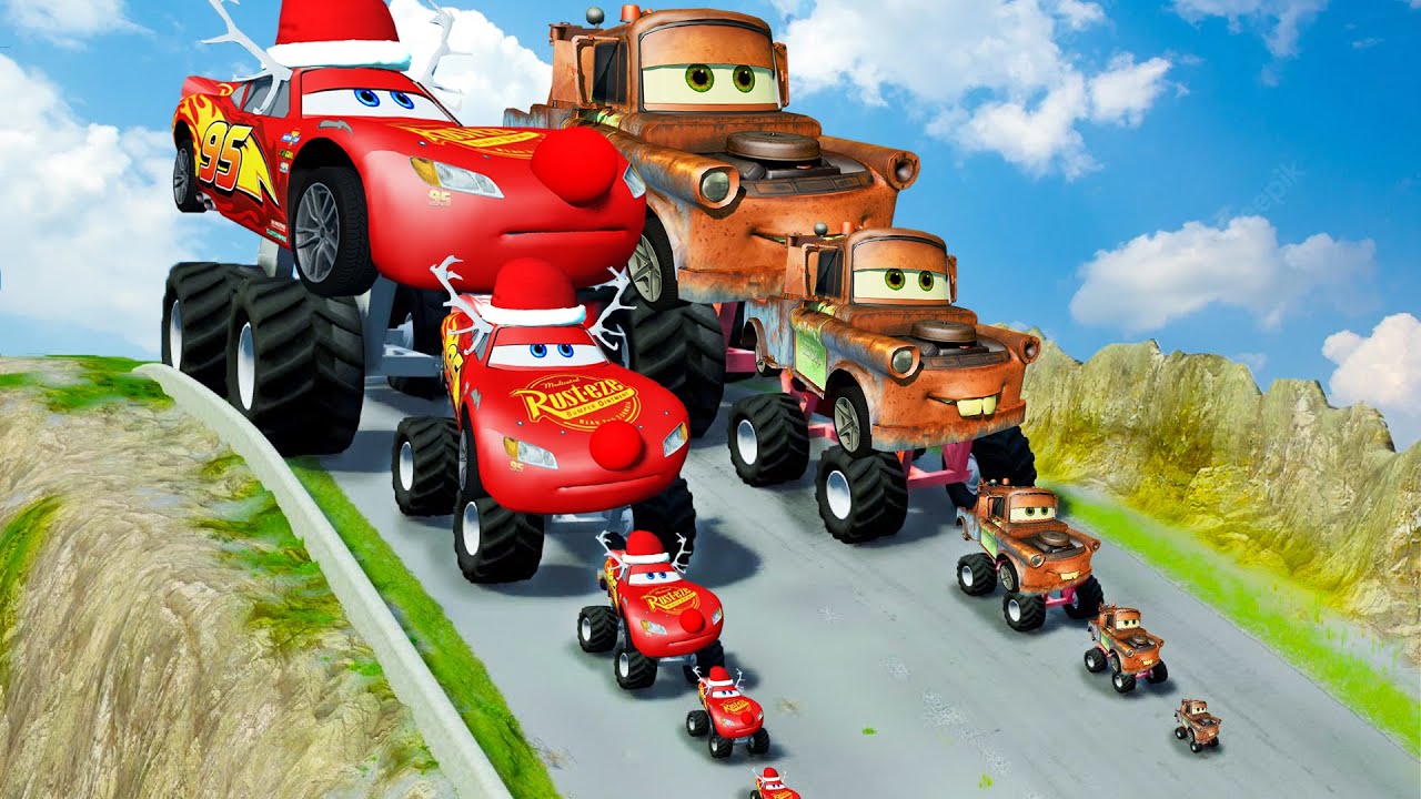Big & Small Lightning Mcqueen vs Pixar Cars with Big Wheels On Christmas Day 🎄 | BeamNG.Drive
