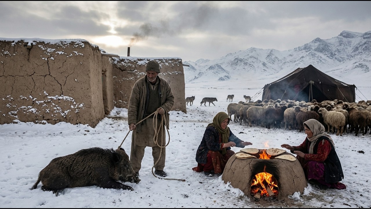 Afghanistan Winter Hunt  Wild Boar Roasted on Fire + Fresh Bread to Survive