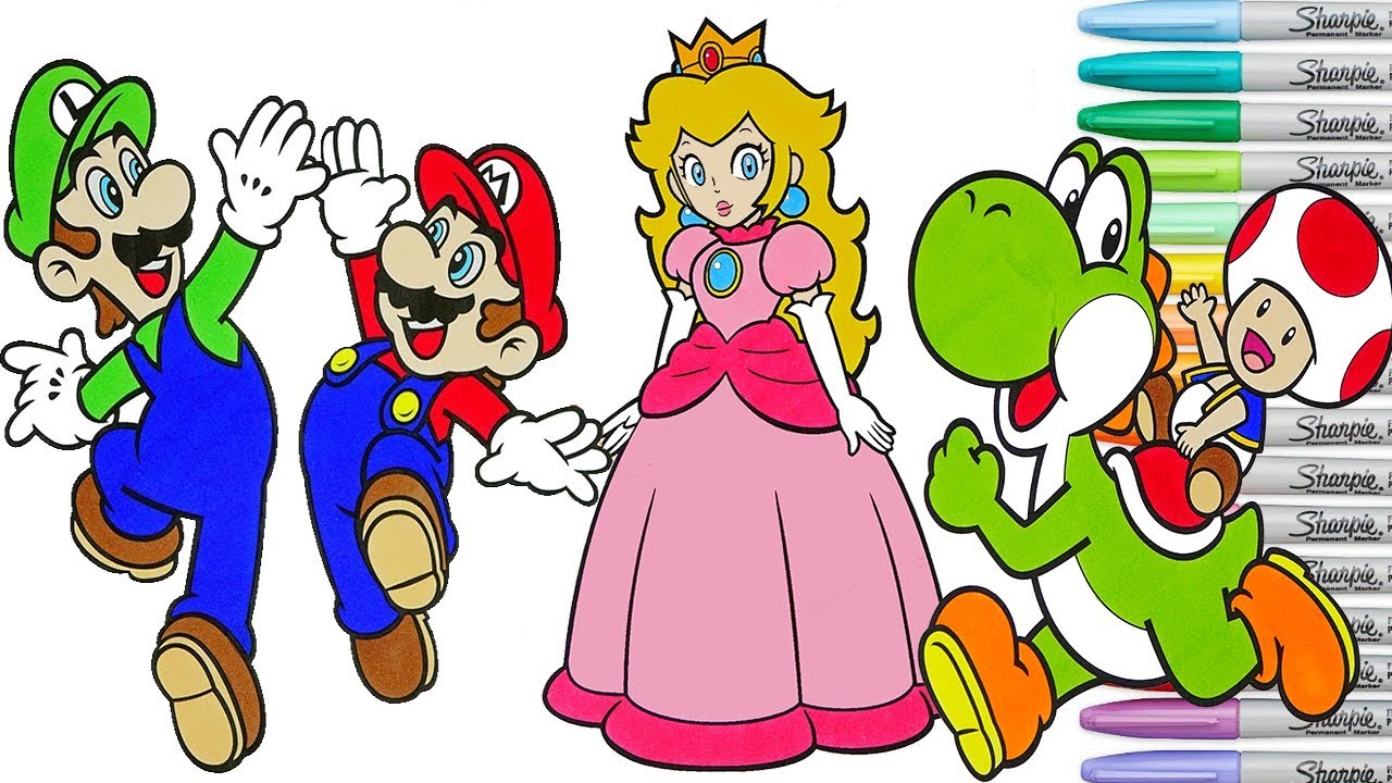 Super Mario Bros Coloring Book Pages Nintendo Luigi Yoshi Toad Princess Toadstool Rainbow Splash