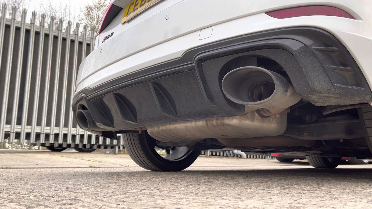 Audi RS3 2020 with Audi sports exhaust standard OPF downpipe vs Milltek sports cat downpipe.