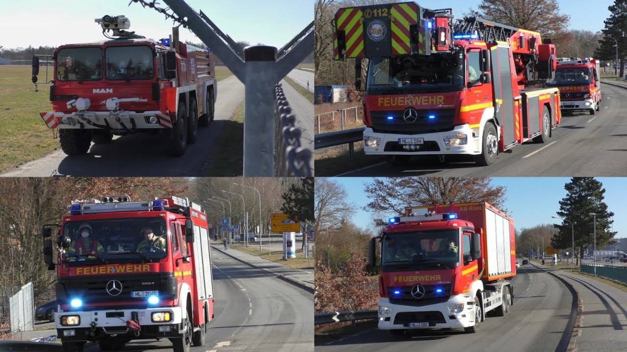 [Luftnotlage - Full Emergency] Einsatzfahrten Flughafenfeuerwehr, Feuerwehr und Polizei Lübeck