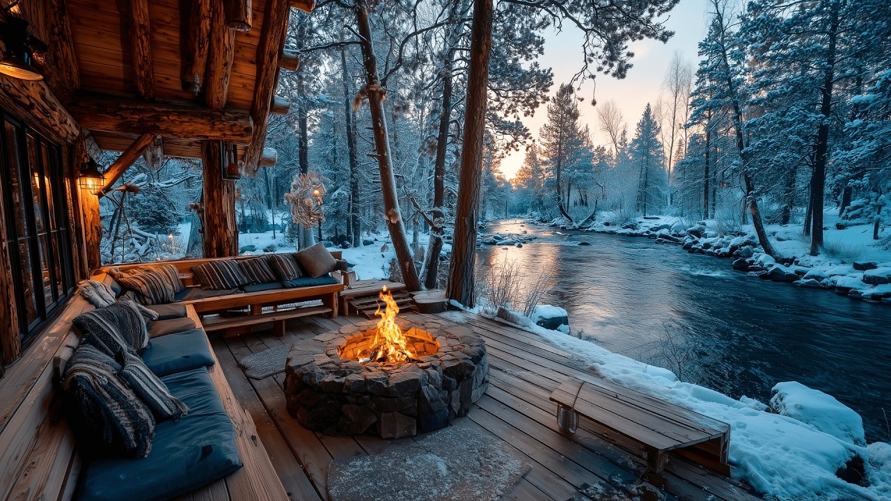 This Quiet Winter Morning Riverside Porch Nature Sounds with Campfire Feels Like a Dream